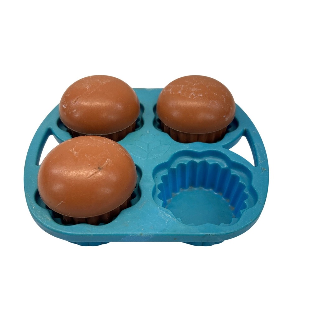 Vintage Fisher Price Muffin Tin 3 Cupcakes‎ Blue Plastic 1987 Pretend Play